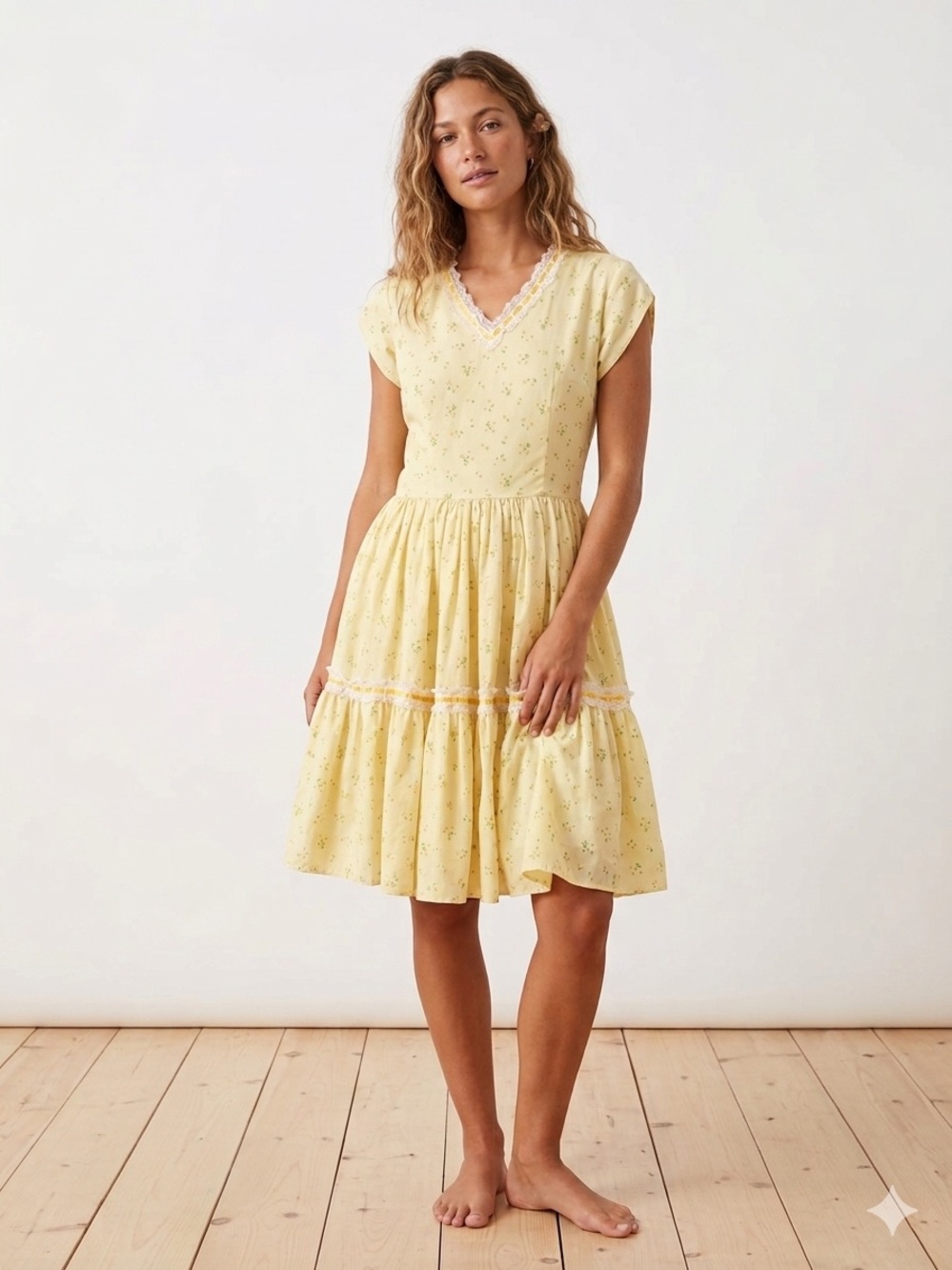 Vintage Handmade Yellow V-Neck Tiered Summer Dress